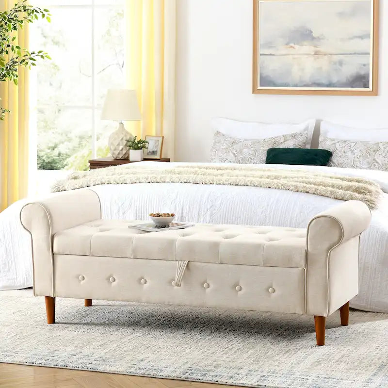Banc de rangement moderne en tissu rembourré avec capitonnage et accoudoirs arrondis