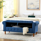 Banc de rangement moderne en tissu rembourré avec capitonnage et accoudoirs arrondis