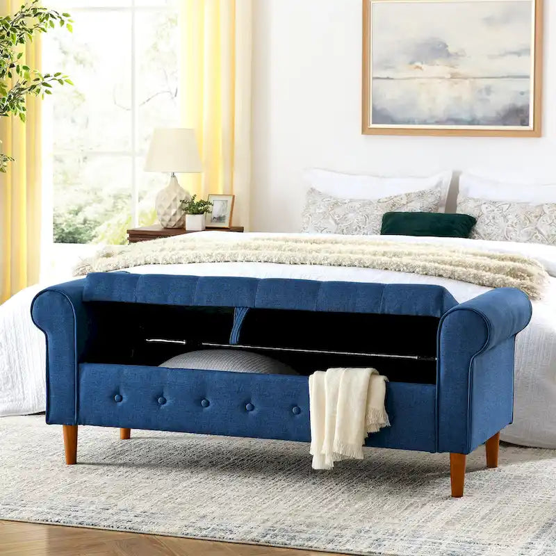 Banc de rangement moderne en tissu rembourré avec capitonnage et accoudoirs arrondis