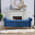 Banc de rangement moderne en tissu rembourré avec capitonnage et accoudoirs arrondis