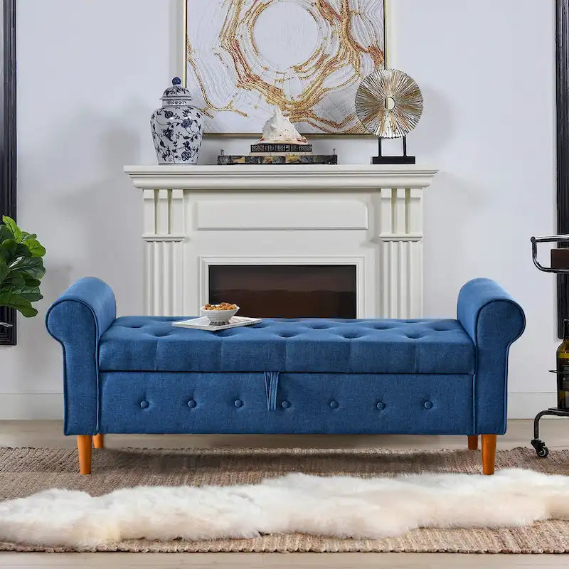 Banc de rangement moderne en tissu rembourré avec capitonnage et accoudoirs arrondis
