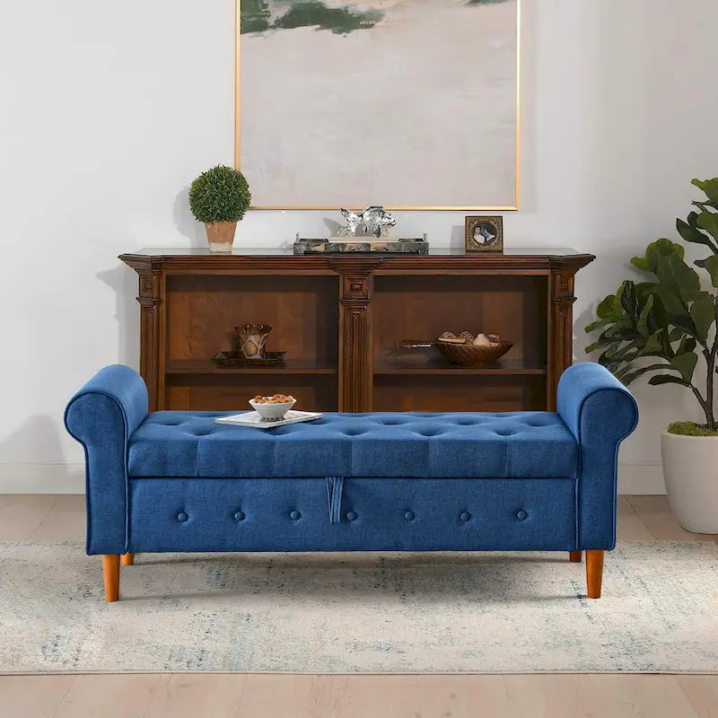Banc de rangement moderne en tissu rembourré avec capitonnage et accoudoirs arrondis