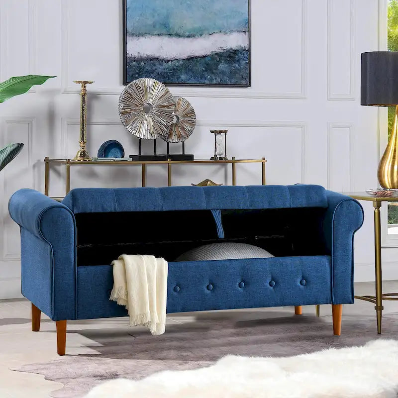 Banc de rangement moderne en tissu rembourré avec capitonnage et accoudoirs arrondis