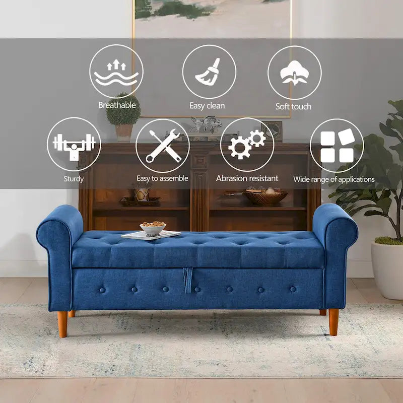 Banc de rangement moderne en tissu rembourré avec capitonnage et accoudoirs arrondis
