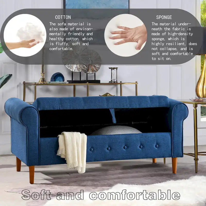 Banc de rangement moderne en tissu rembourré avec capitonnage et accoudoirs arrondis