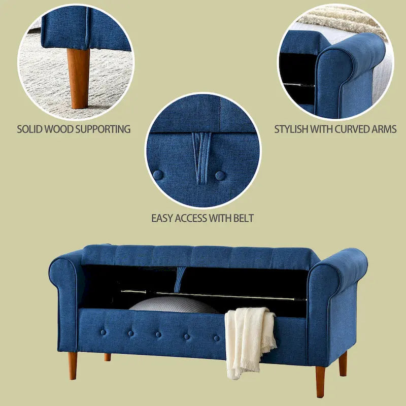 Banc de rangement moderne en tissu rembourré avec capitonnage et accoudoirs arrondis