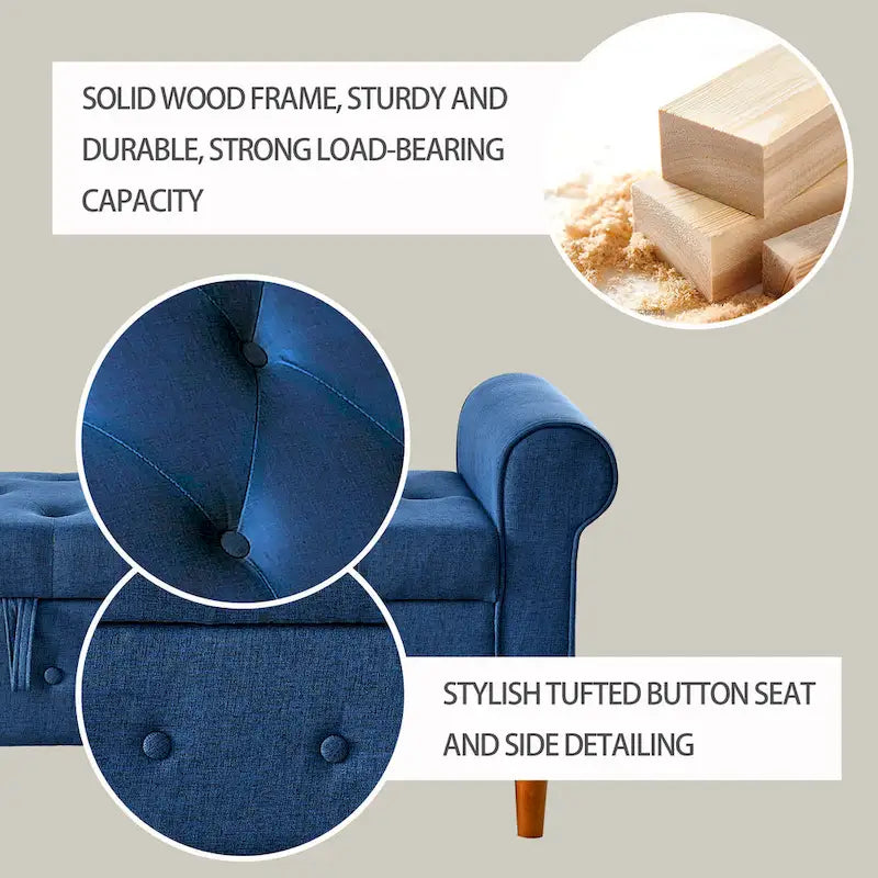 Banc de rangement moderne en tissu rembourré avec capitonnage et accoudoirs arrondis