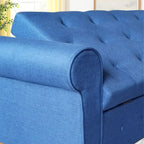 Banc de rangement moderne en tissu rembourré avec capitonnage et accoudoirs arrondis