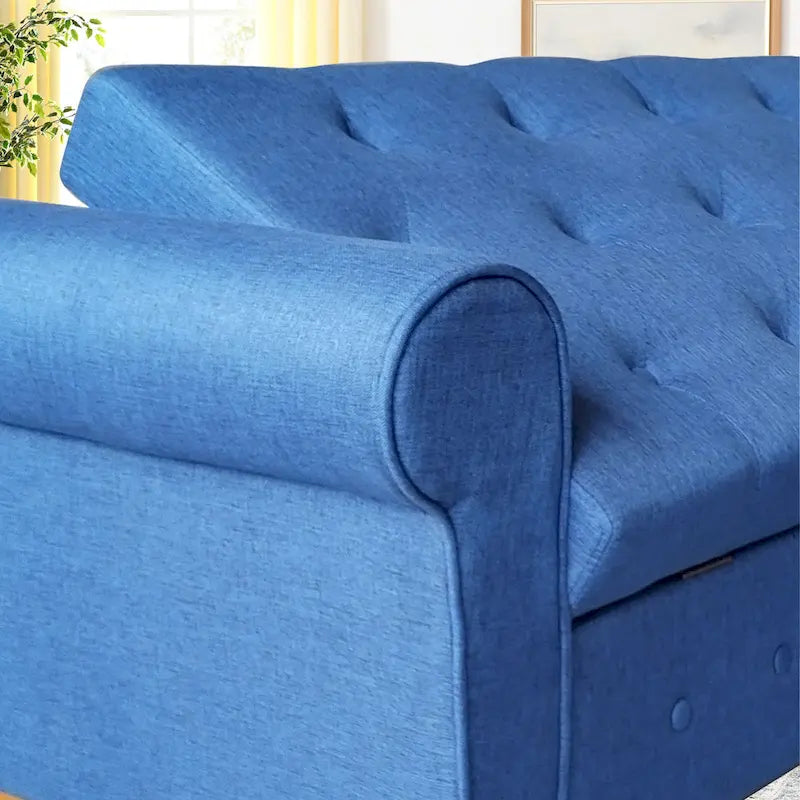 Banc de rangement moderne en tissu rembourré avec capitonnage et accoudoirs arrondis