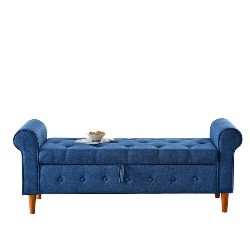 Banc de rangement moderne en tissu rembourré avec capitonnage et accoudoirs arrondis