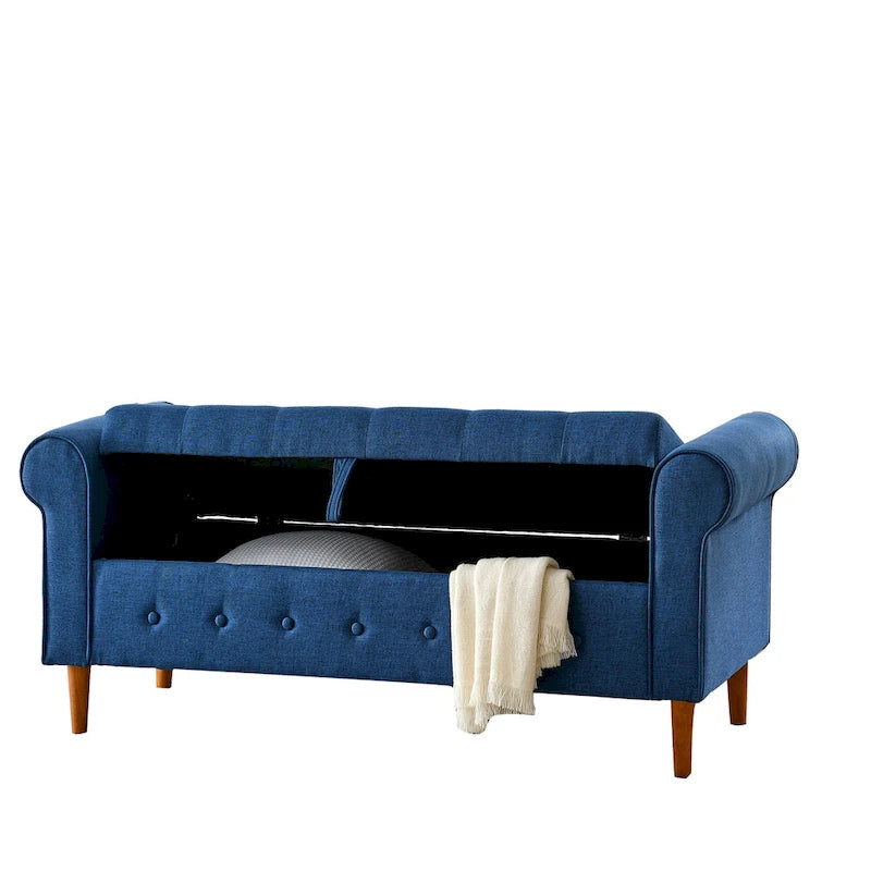 Banc de rangement moderne en tissu rembourré avec capitonnage et accoudoirs arrondis