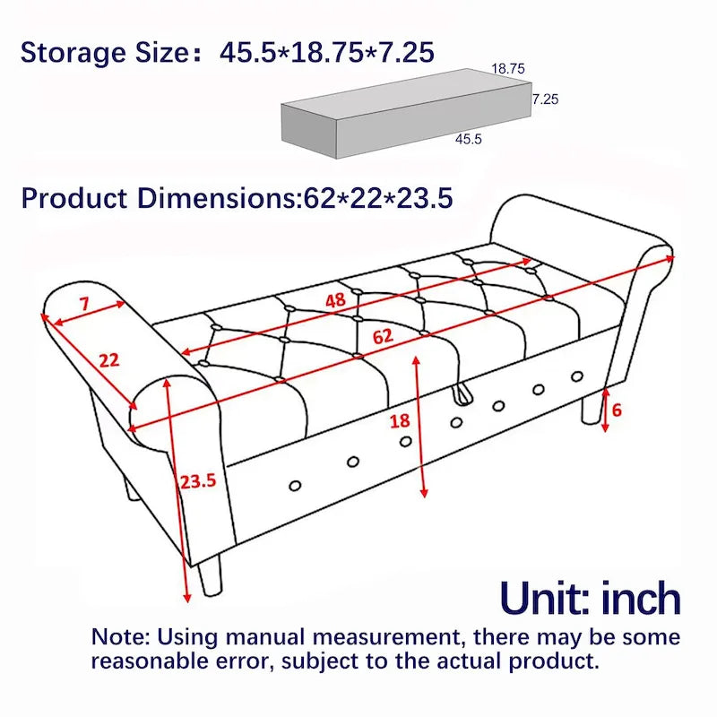 Banc de rangement moderne en tissu rembourré avec capitonnage et accoudoirs arrondis