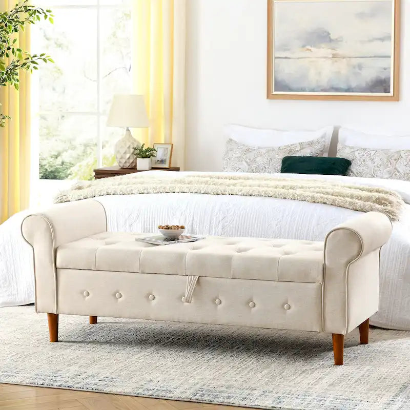 Banc de rangement moderne en tissu rembourré avec capitonnage et accoudoirs arrondis