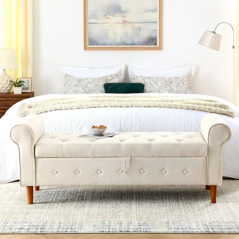Banc de rangement moderne en tissu rembourré avec capitonnage et accoudoirs arrondis