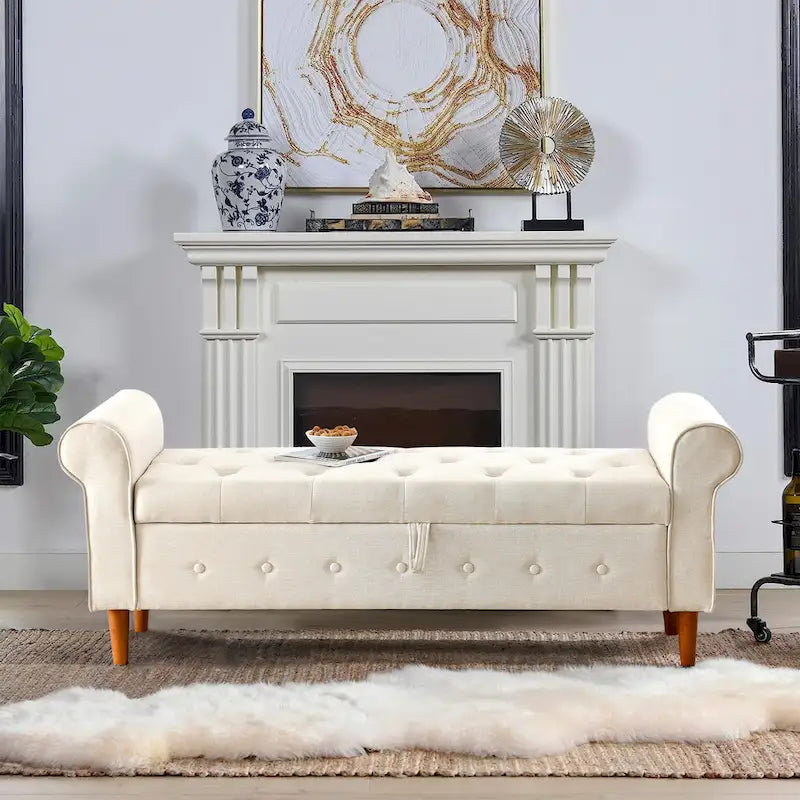 Banc de rangement moderne en tissu rembourré avec capitonnage et accoudoirs arrondis
