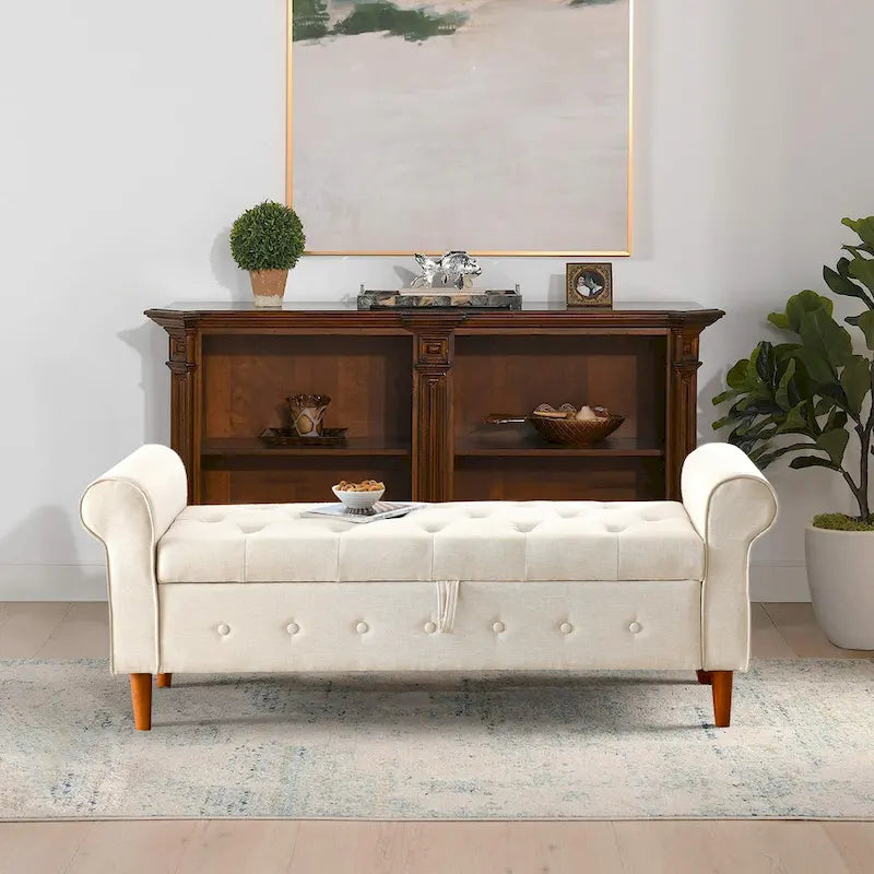 Banc de rangement moderne en tissu rembourré avec capitonnage et accoudoirs arrondis
