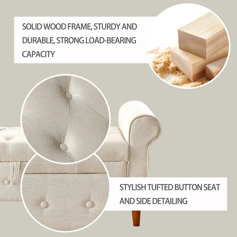 Banc de rangement moderne en tissu rembourré avec capitonnage et accoudoirs arrondis