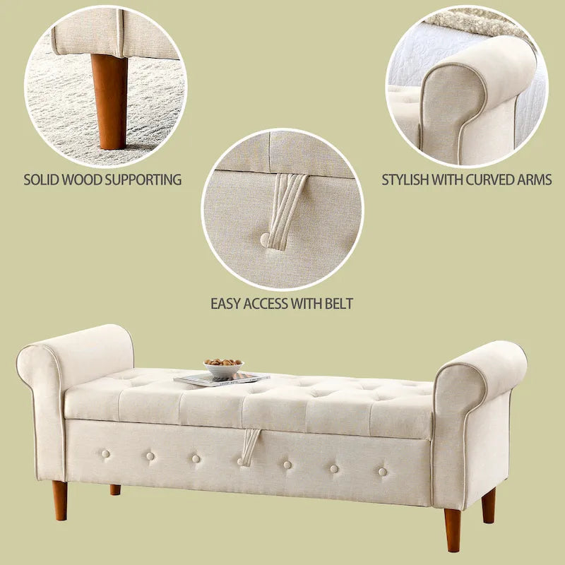 Banc de rangement moderne en tissu rembourré avec capitonnage et accoudoirs arrondis
