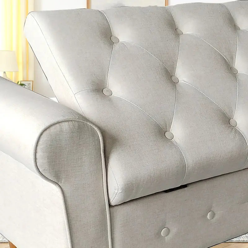 Banc de rangement moderne en tissu rembourré avec capitonnage et accoudoirs arrondis