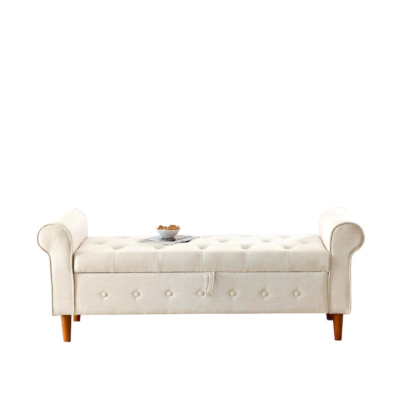 Banc de rangement moderne en tissu rembourré avec capitonnage et accoudoirs arrondis