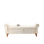 Banc de rangement moderne en tissu rembourré avec capitonnage et accoudoirs arrondis
