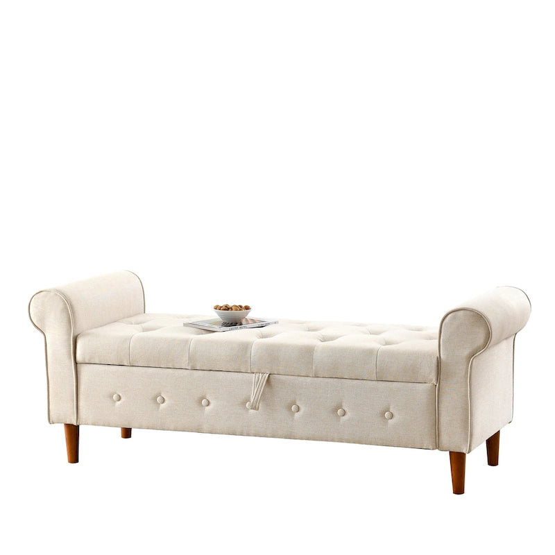 Banc de rangement moderne en tissu rembourré avec capitonnage et accoudoirs arrondis