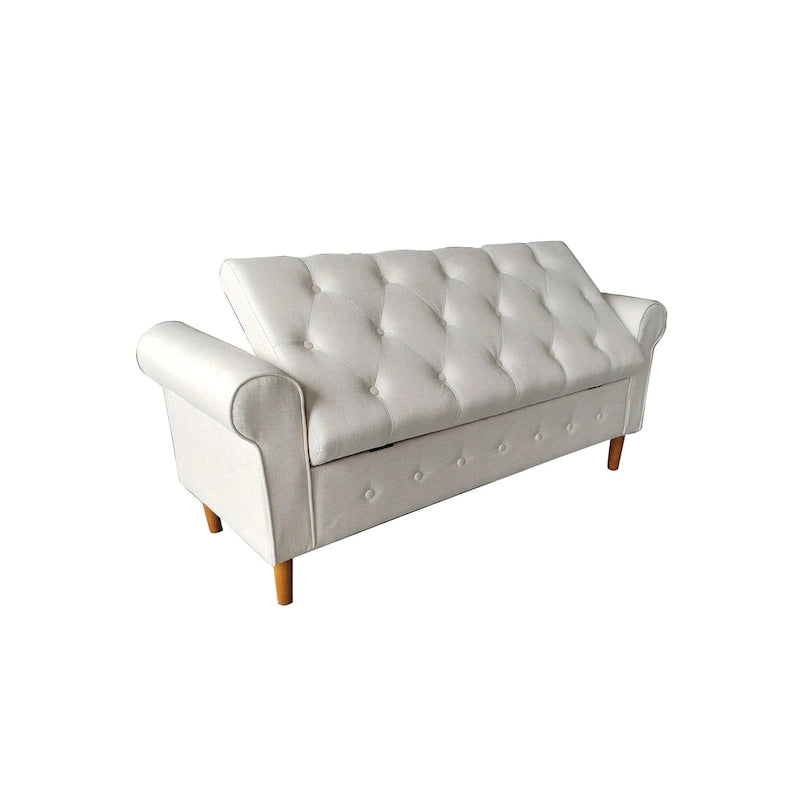 Banc de rangement moderne en tissu rembourré avec capitonnage et accoudoirs arrondis