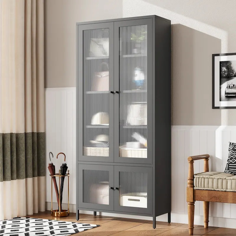 Grande Armoire de Rangement en Métal Vitrine avec 4 Portes Vitrées 5 Étagères Armoire d'Appoint Bibliothèque Armoire Autonome