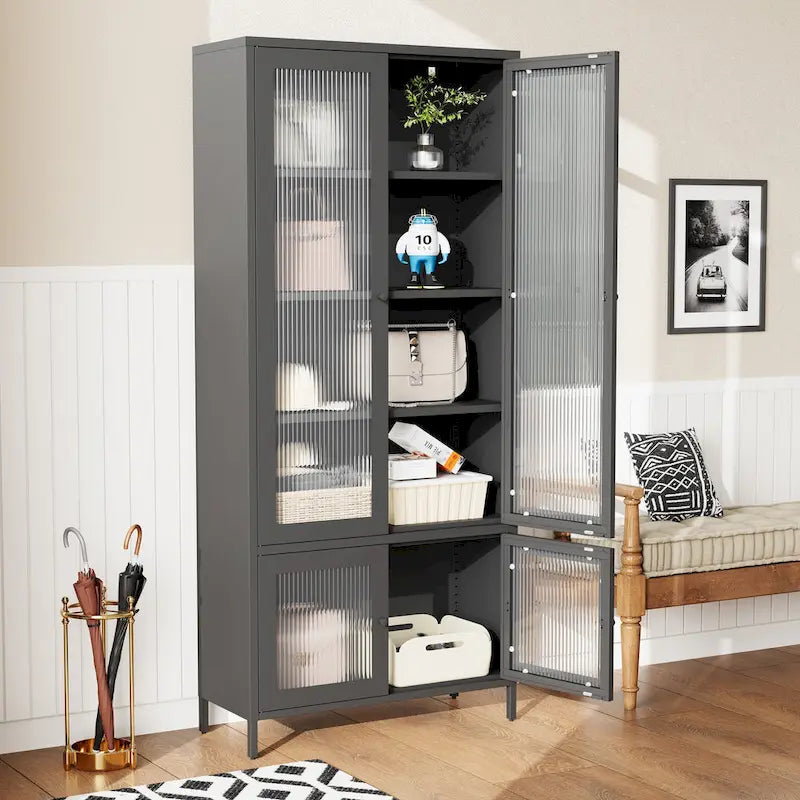Grande Armoire de Rangement en Métal Vitrine avec 4 Portes Vitrées 5 Étagères Armoire d'Appoint Bibliothèque Armoire Autonome
