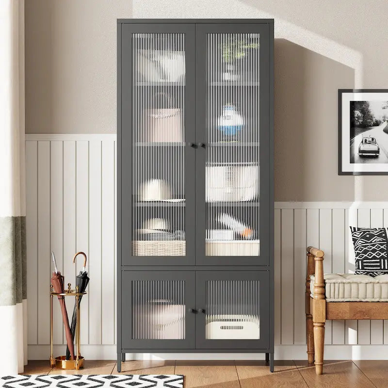 Grande Armoire de Rangement en Métal Vitrine avec 4 Portes Vitrées 5 Étagères Armoire d'Appoint Bibliothèque Armoire Autonome