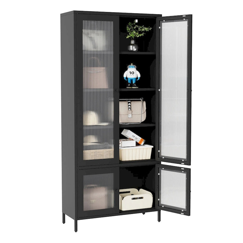 Grande Armoire de Rangement en Métal Vitrine avec 4 Portes Vitrées 5 Étagères Armoire d'Appoint Bibliothèque Armoire Autonome