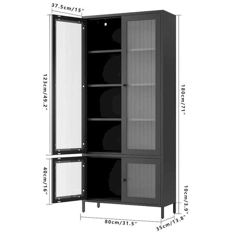 Grande Armoire de Rangement en Métal Vitrine avec 4 Portes Vitrées 5 Étagères Armoire d'Appoint Bibliothèque Armoire Autonome