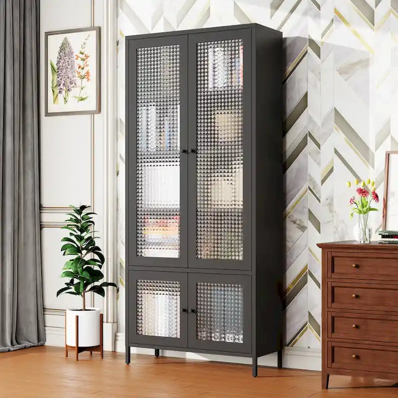 Grande Armoire de Rangement en Métal Vitrine avec 4 Portes Vitrées 5 Étagères Armoire d'Appoint Bibliothèque Armoire Autonome