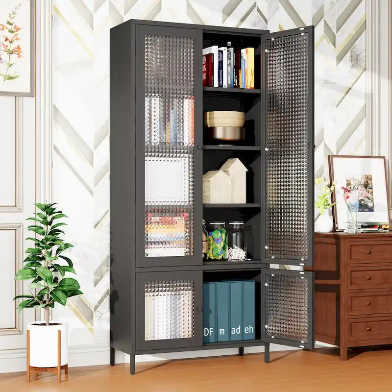 Grande Armoire de Rangement en Métal Vitrine avec 4 Portes Vitrées 5 Étagères Armoire d'Appoint Bibliothèque Armoire Autonome