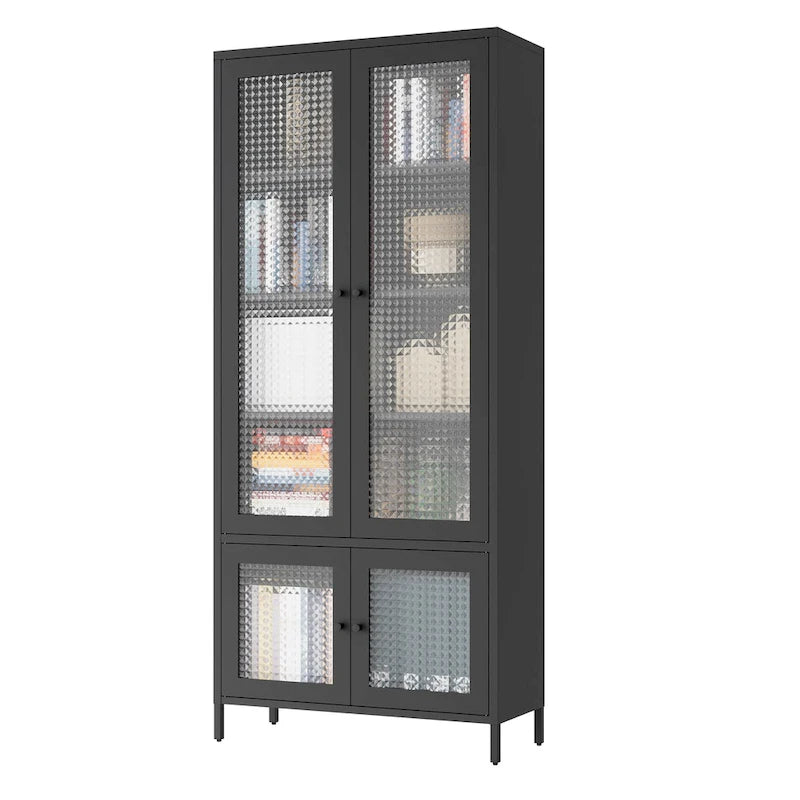 Grande Armoire de Rangement en Métal Vitrine avec 4 Portes Vitrées 5 Étagères Armoire d'Appoint Bibliothèque Armoire Autonome