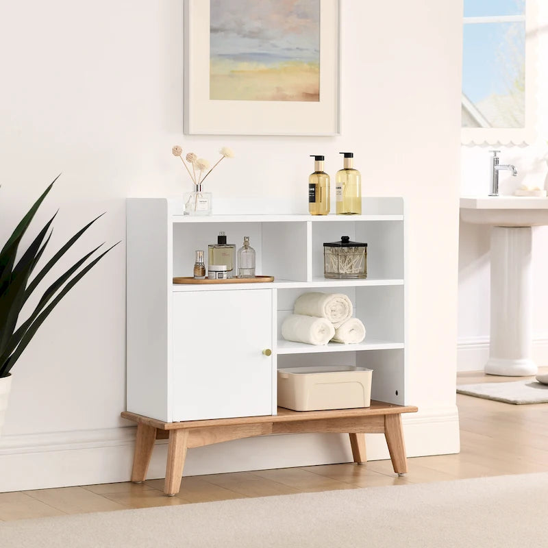 Meuble de rangement Colorblocking avec base et pieds en bois massif, Armoire de sol