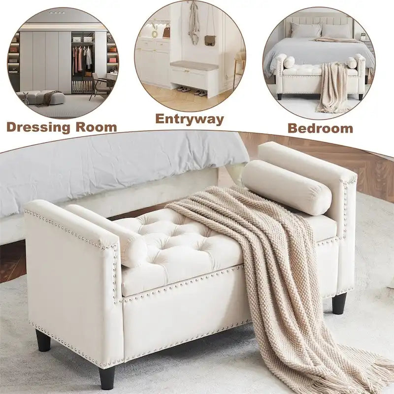 Banc de rangement, banc de chevet capitonné en velours de 113 cm avec accoudoirs pour lit Queen Size