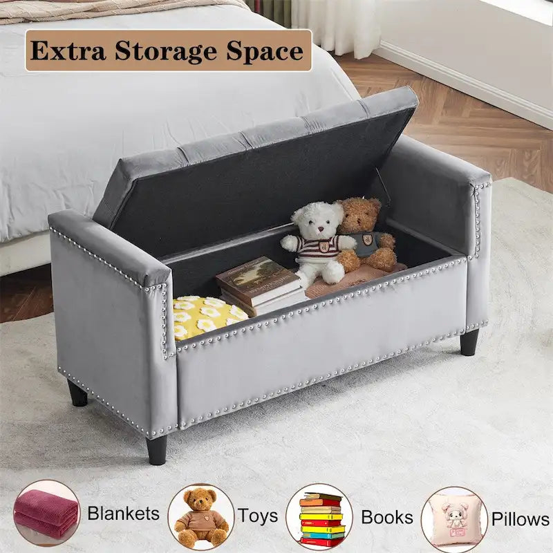 Banc de rangement, banc de chevet capitonné en velours de 113 cm avec accoudoirs pour lit Queen Size