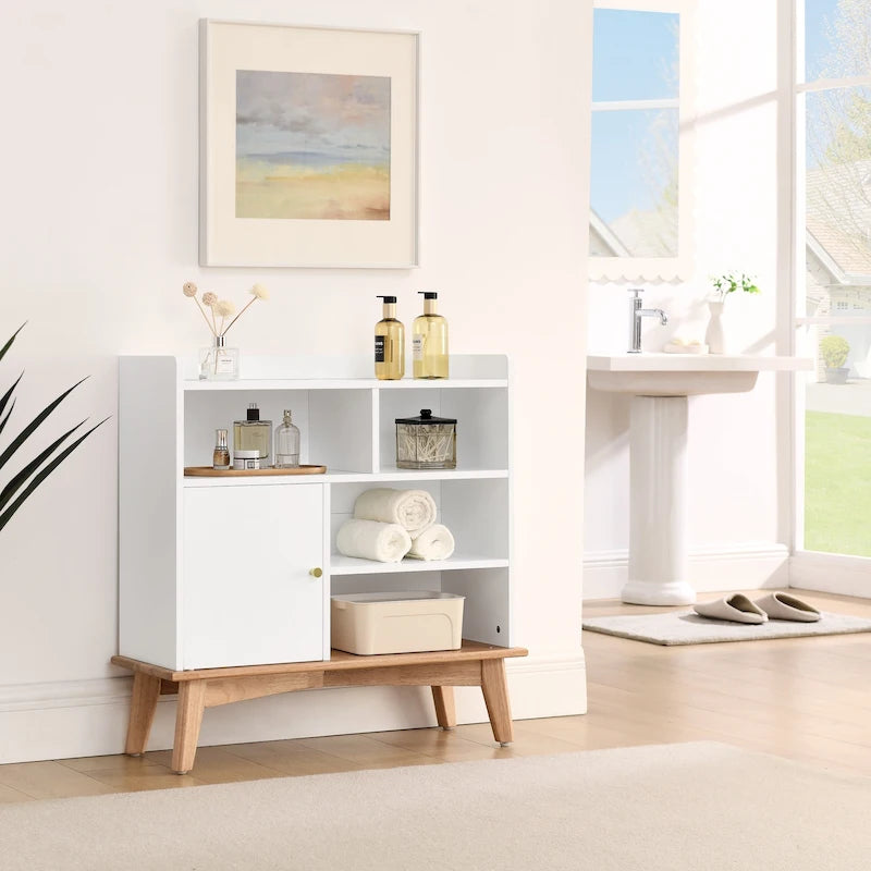 Meuble de rangement Colorblocking avec base et pieds en bois massif, armoire de sol pour chambre à coucher, salon, chambre d'enfant, bibliothèques pour enfants