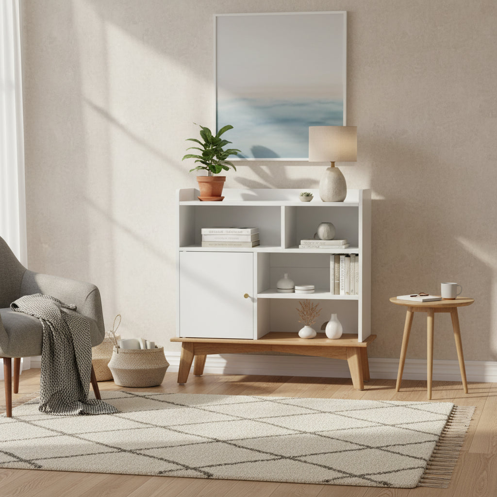 Meuble de rangement Colorblocking avec base et pieds en bois massif, armoire de sol pour chambre à coucher, salon, chambre d'enfant, bibliothèques pour enfants