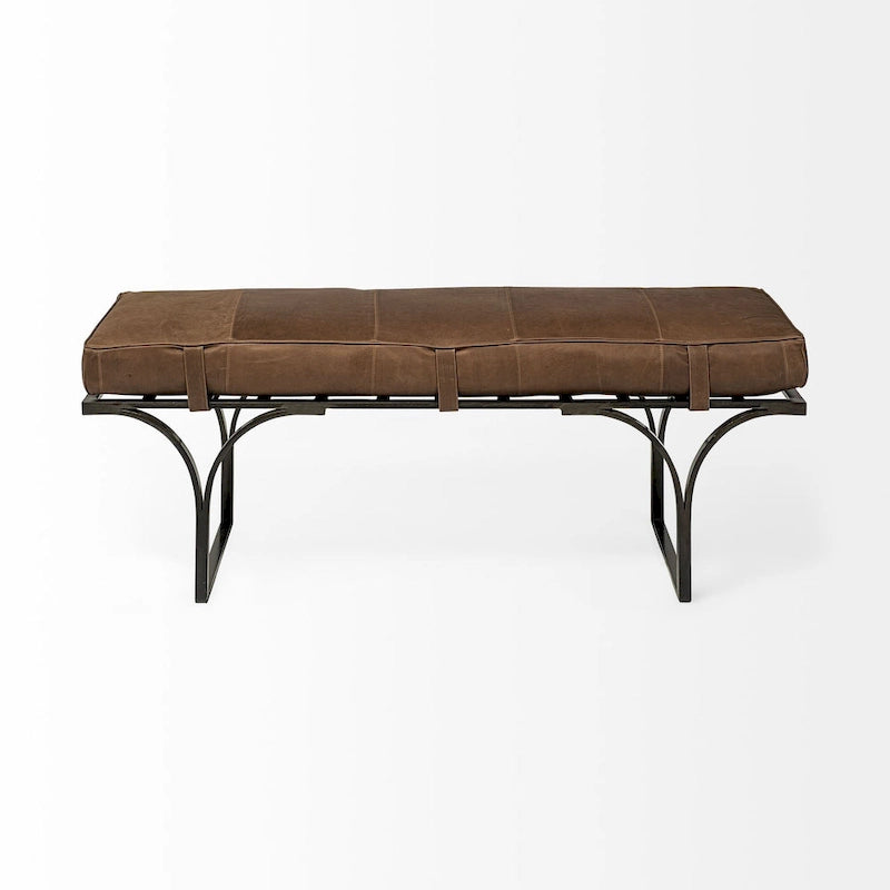 Banc rembourré en cuir véritable marron et noir de 140 cm – Pieds en métal, capacité de 100 kg, pour entrée