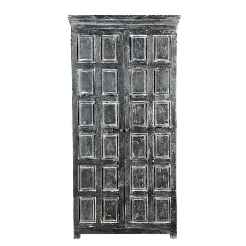 Garde-manger de 183 cm en manguier massif gris foncé – 2 portes, 4 étagères, finition rustique blanchie