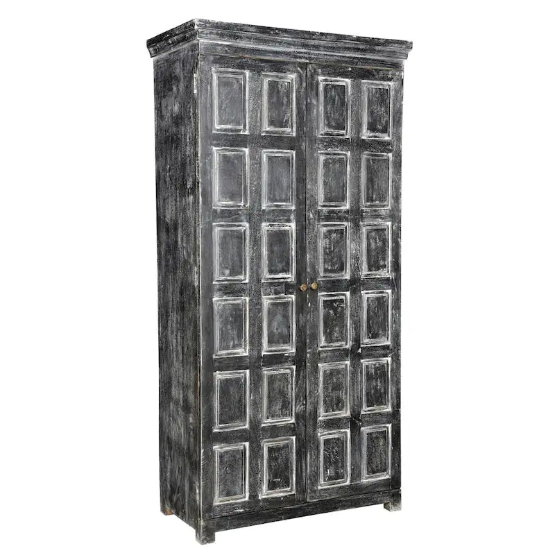 Garde-manger de 183 cm en manguier massif gris foncé – 2 portes, 4 étagères, finition rustique blanchie