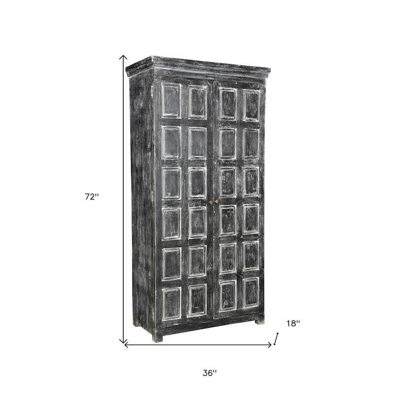 Garde-manger de 183 cm en manguier massif gris foncé – 2 portes, 4 étagères, finition rustique blanchie