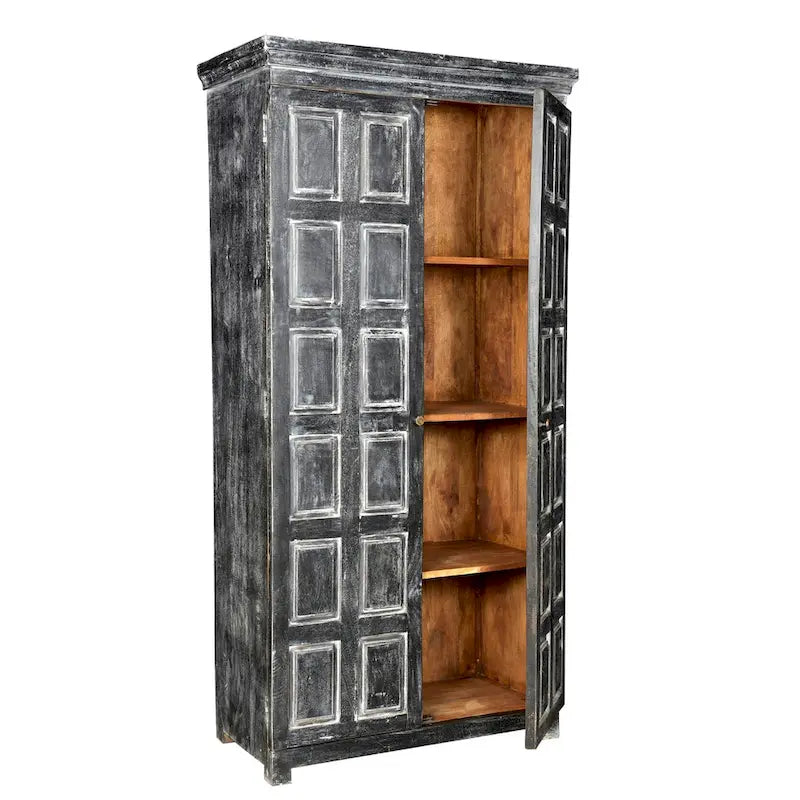 Garde-manger de 183 cm en manguier massif gris foncé – 2 portes, 4 étagères, finition rustique blanchie