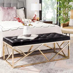 Banc rectangulaire capitonné en velours noir avec base géométrique dorée – 48,5L x 20,3P x 18H