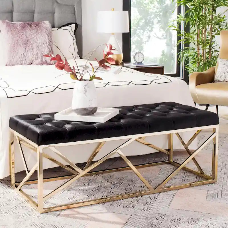 Banc rectangulaire capitonné en velours noir avec base géométrique dorée – 48,5L x 20,3P x 18H