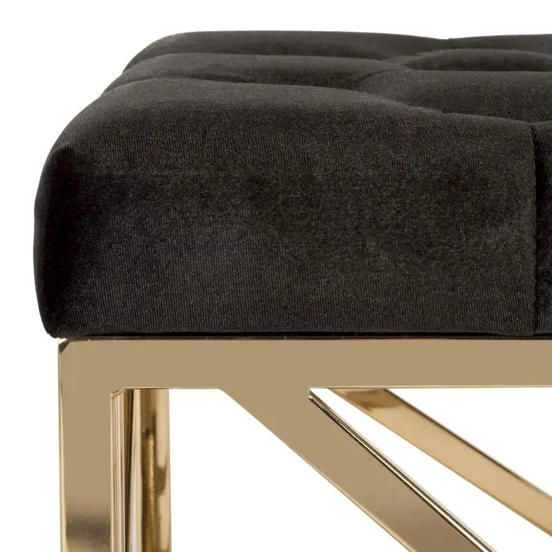 Banc rectangulaire capitonné en velours noir avec base géométrique dorée – 48,5L x 20,3P x 18H