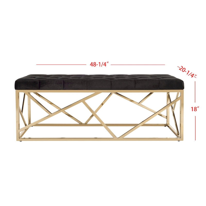 Banc rectangulaire capitonné en velours noir avec base géométrique dorée – 48,5L x 20,3P x 18H