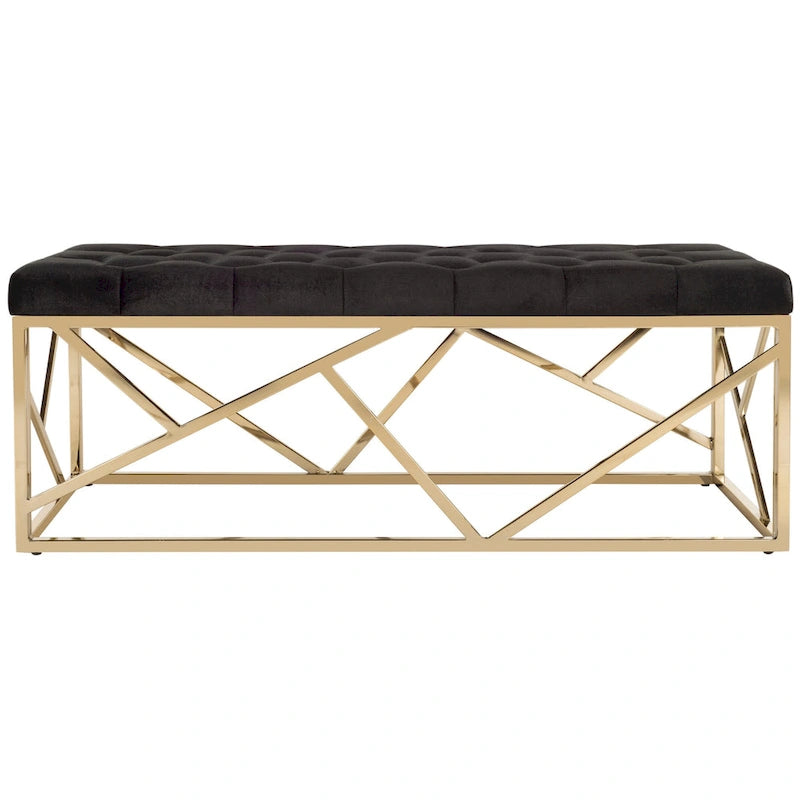 Banc rectangulaire capitonné en velours noir avec base géométrique dorée – 48,5L x 20,3P x 18H